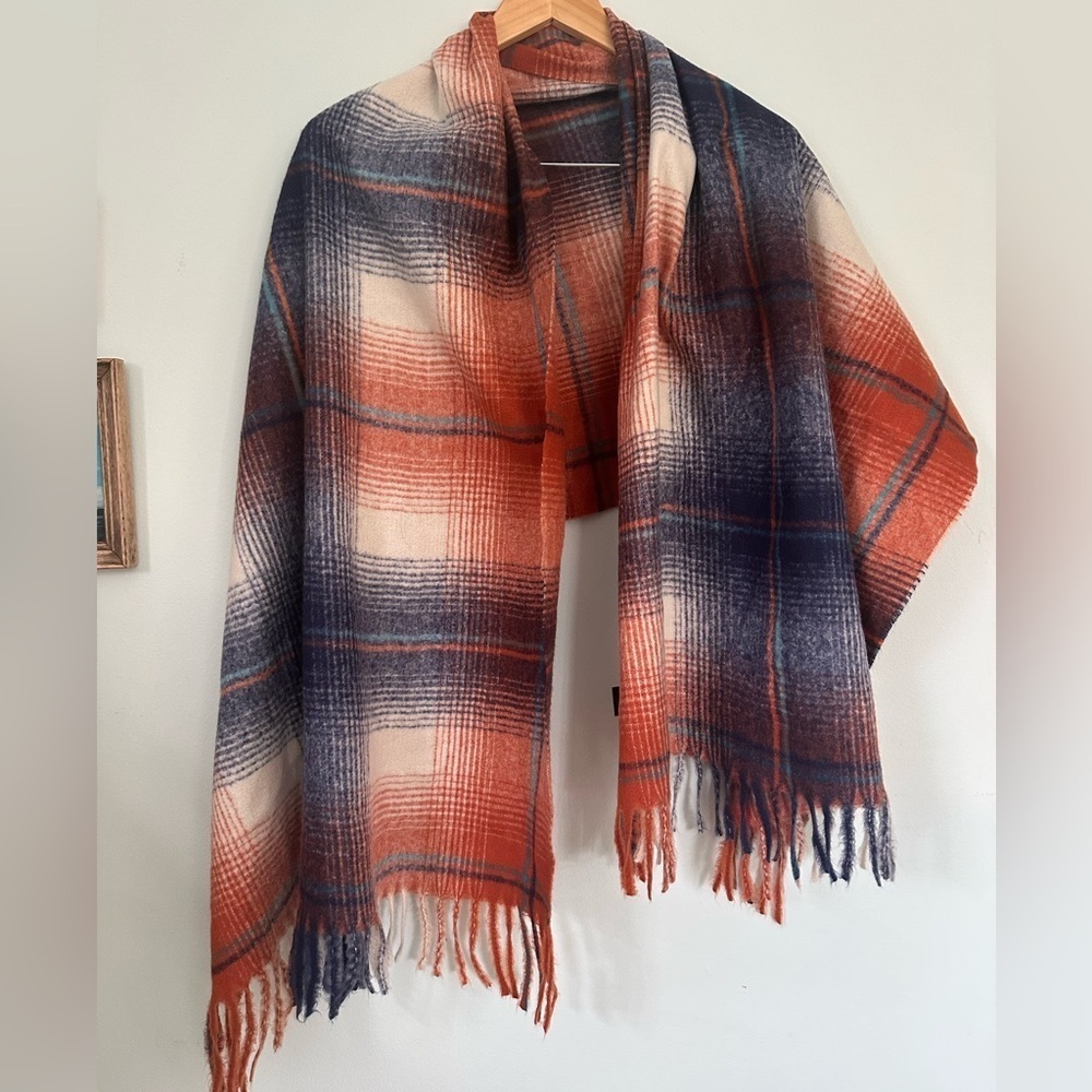 Plaid Fringe Scarf in Orange and Blue